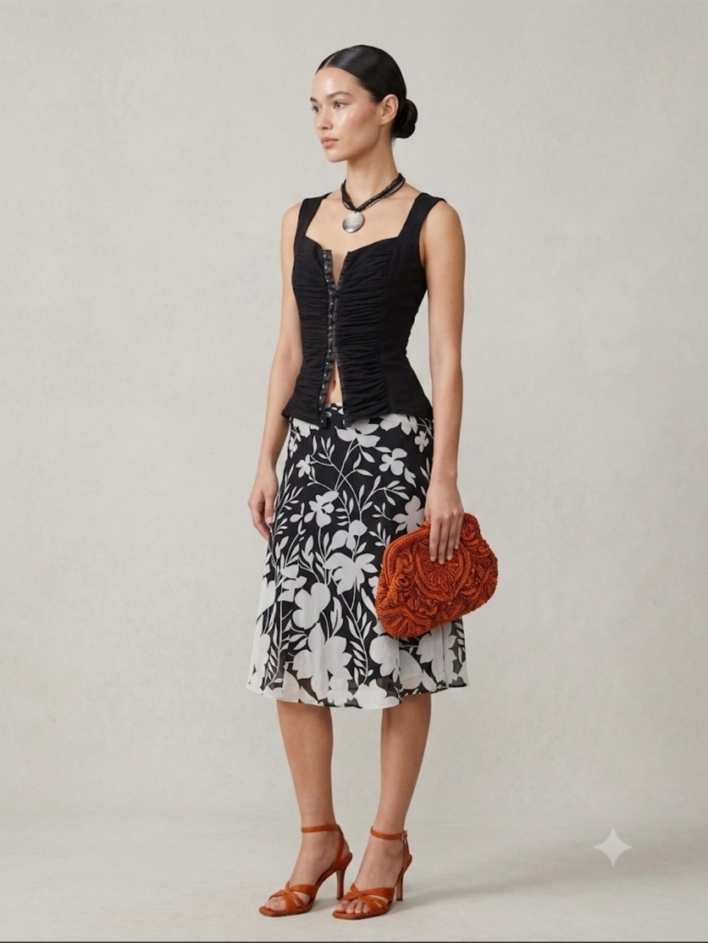 Vivienne Tam | Vintage Black and White Mesh Floral A-Line Midi Skirt | 2